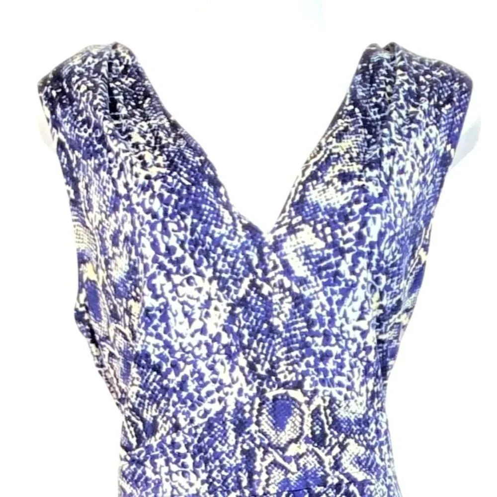 Tory Burch Carly Silk Fit & Flare Faux Wrap Dress Blue Snakeskin Print Knee Leng - Picture 4 of 11